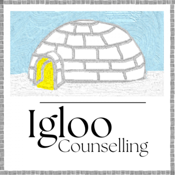 Logo. Square border. Illustration of igloo with yellow entrance. Blue sky, snow on ground. Igloo Counselling in text